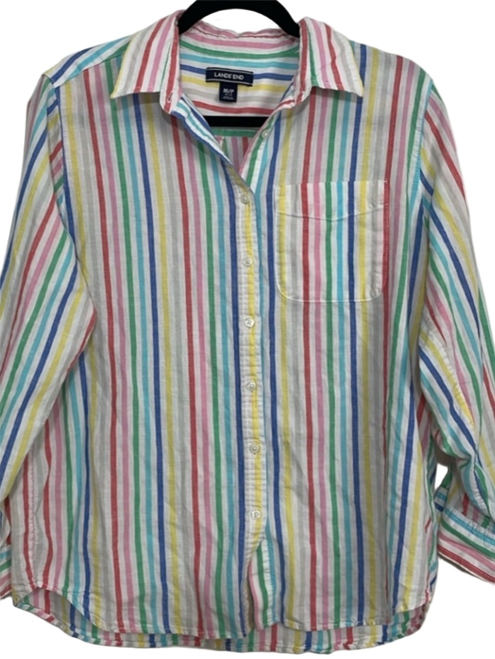 Striped Linen Shirt Cotton Blend Button Down Long Tab Sleeves MP